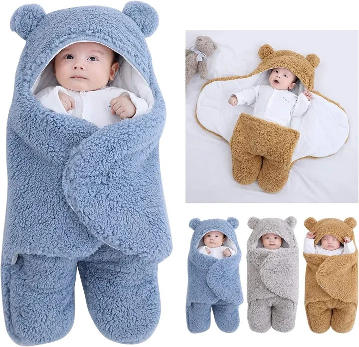 Newborn Baby Hooded Blanket Sleeping Bag Sack Swaddle | leg blanket | Infant Winter Warm Fleece Receiving Blanket with Legs Knit Stroller Wrap